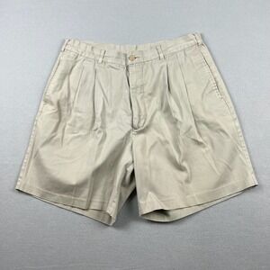 Vintage AM Player Men 38 Tan Khaki Pleated Chino Shorts Embroidered Logo Crest